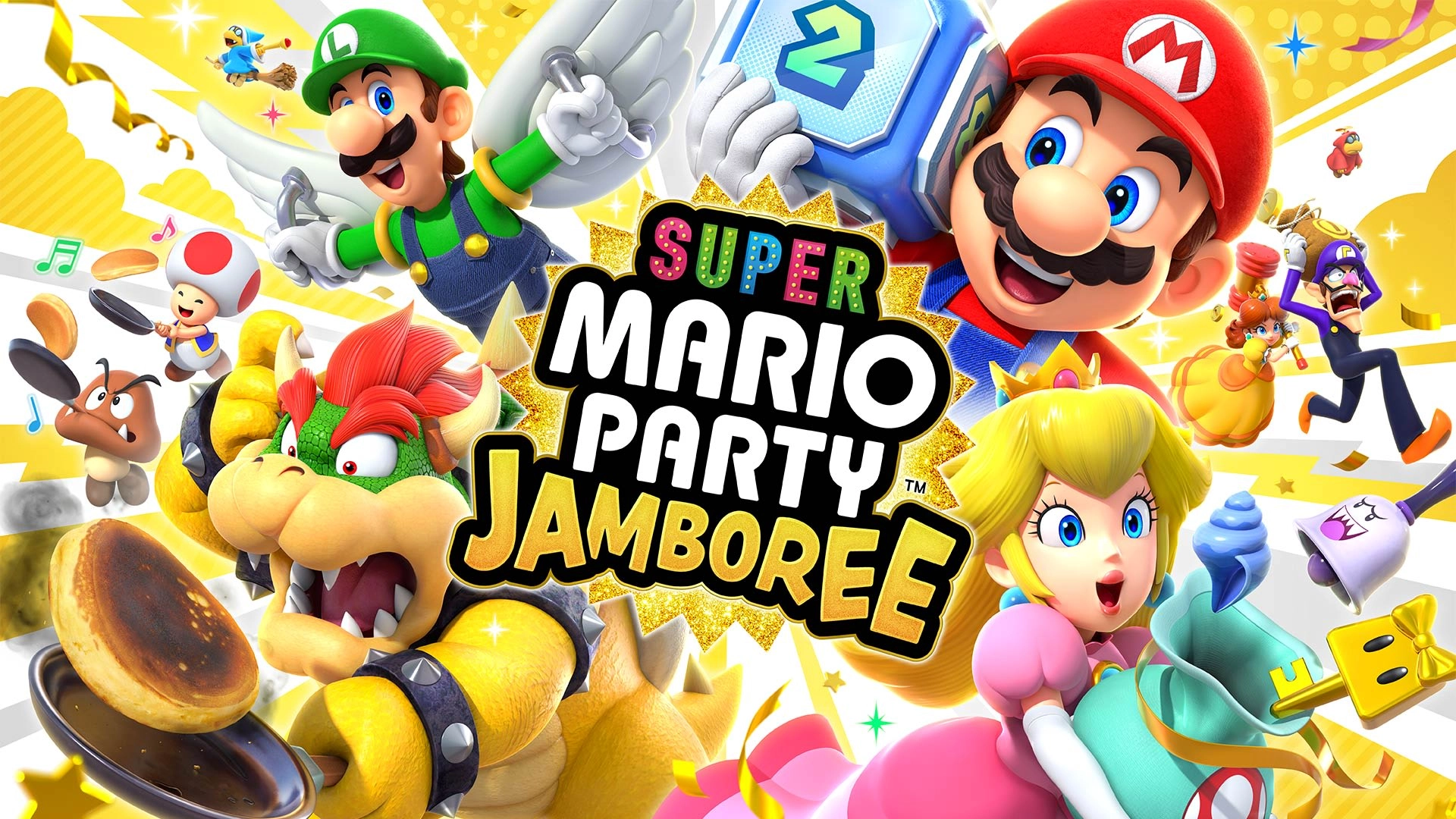 Super Mario Party Jamboree featuring Mario, Luigi, Bowser, and Peach in a colorful, action-packed scene.