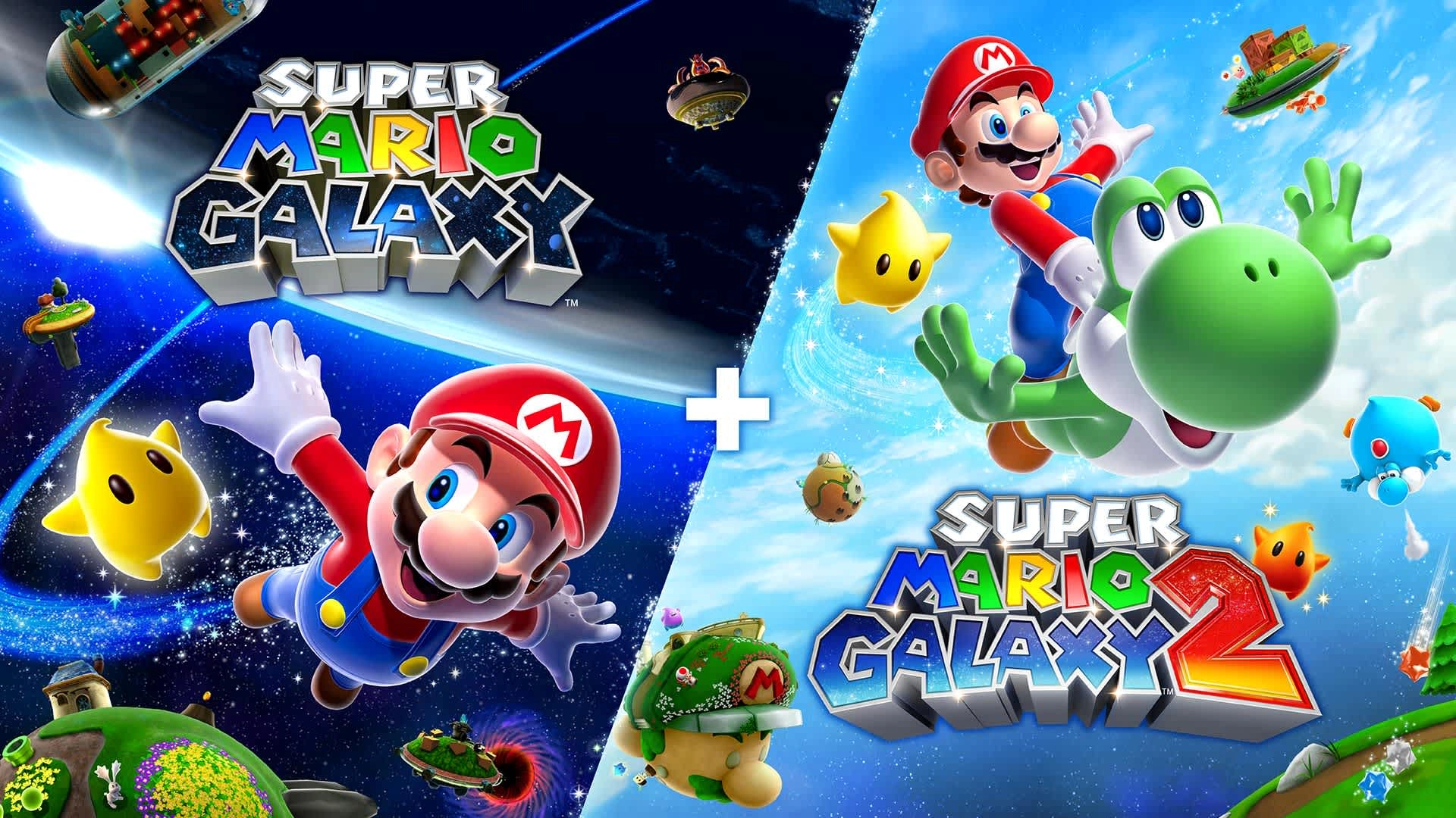 Super Mario Galaxy and Super Mario Galaxy 2 promotional image featuring Mario and Yoshi in vibrant cosmic backgrounds.