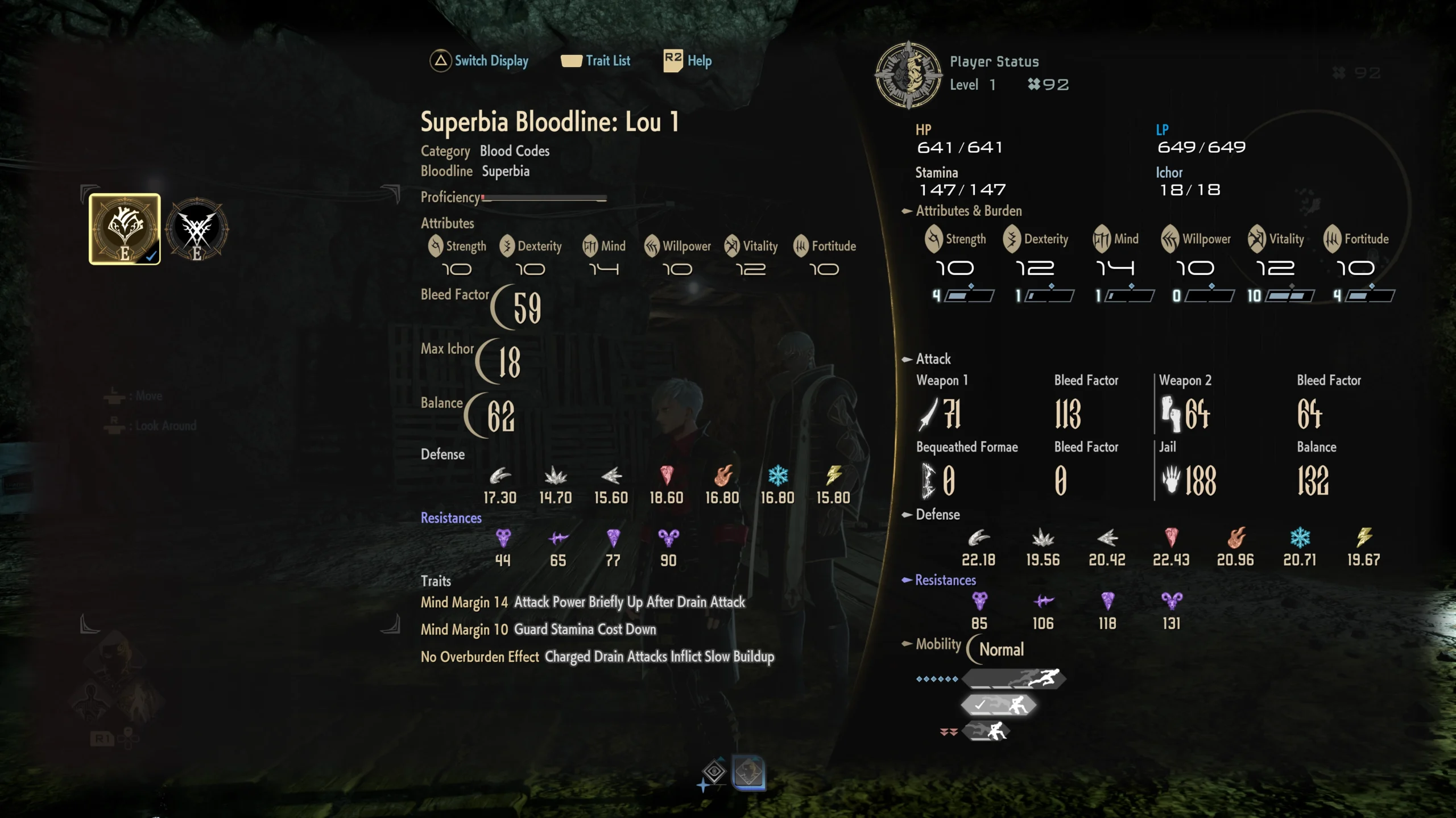 Detailed Blood Codes interface showcasing customization options, attributes, and effects like Burden and Overburdened states.
