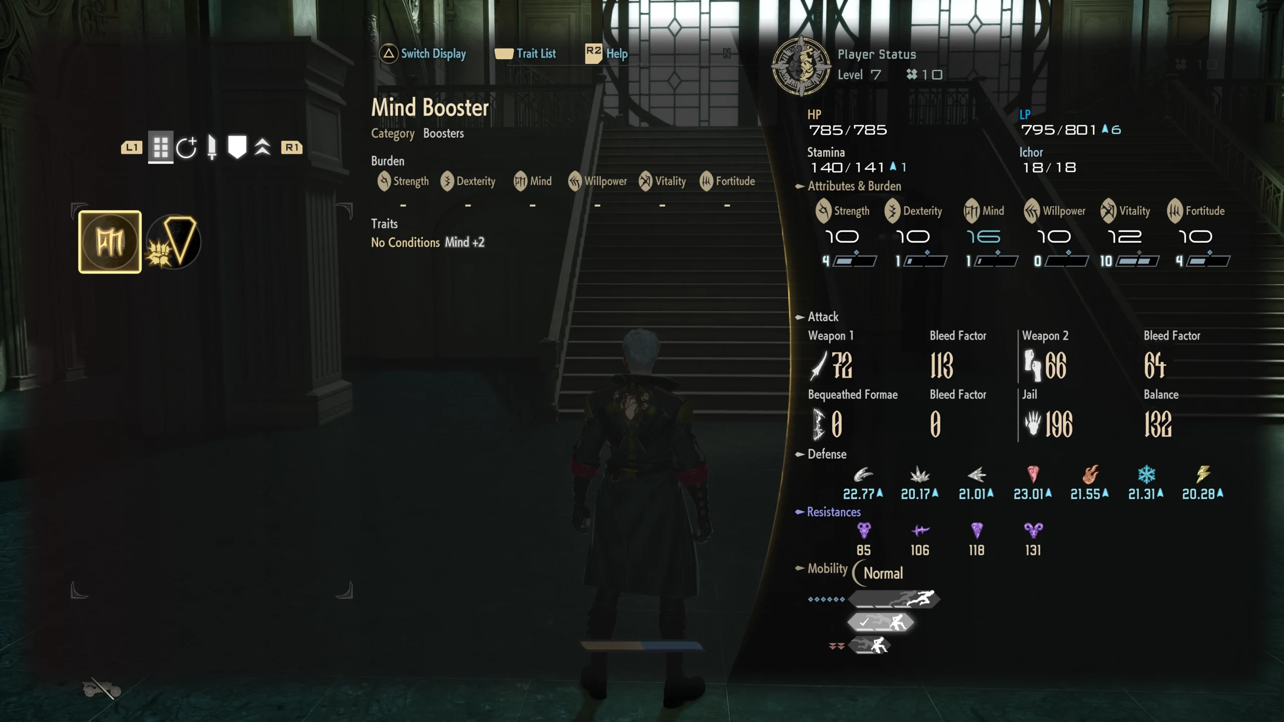 Blood Codes menu displaying customization stats for Revenants, showcasing attributes, burden effects, and fighting styles.