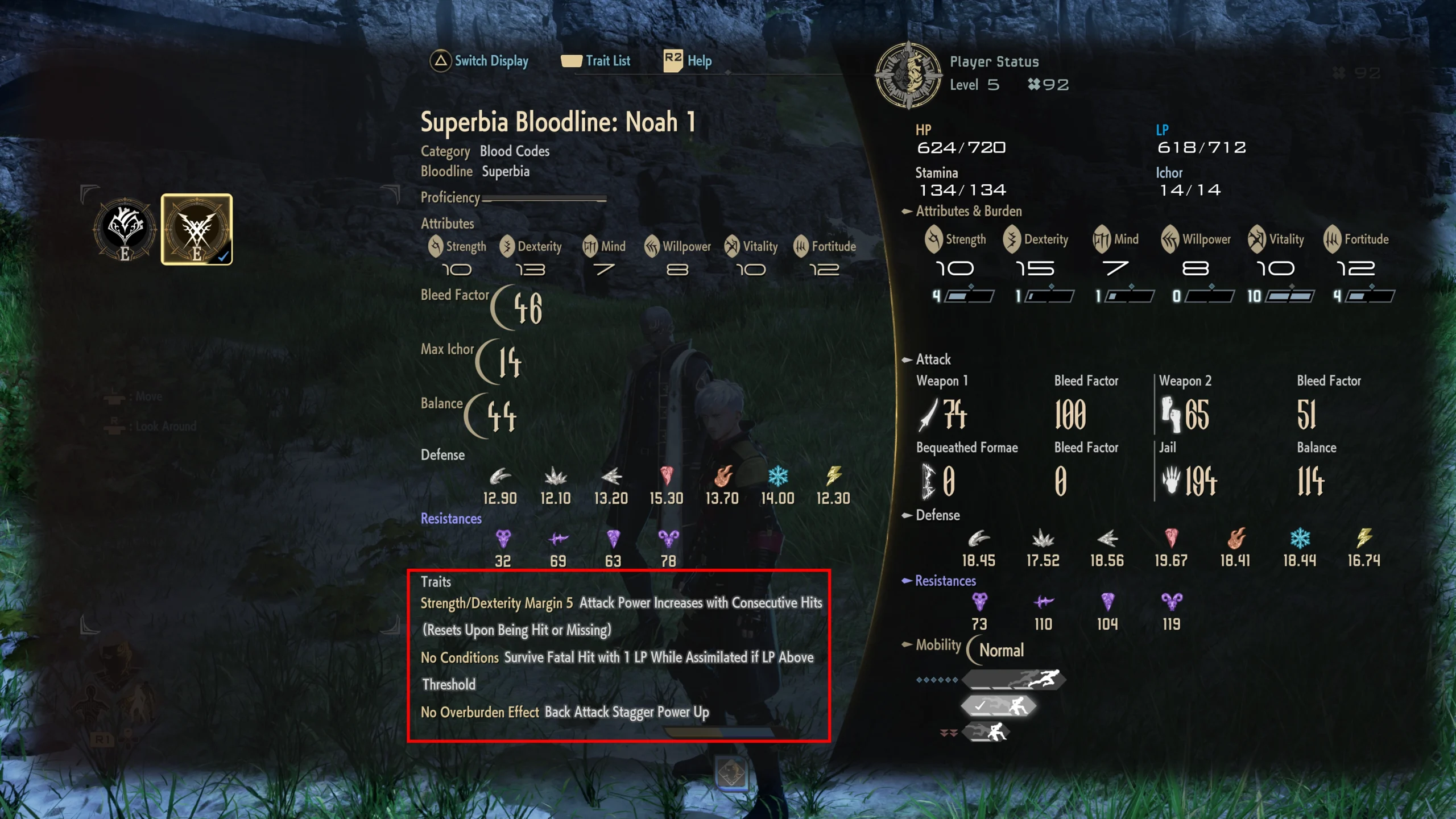Blood Codes in a game setting showing attributes, Burden effects, and customization options for Revenants