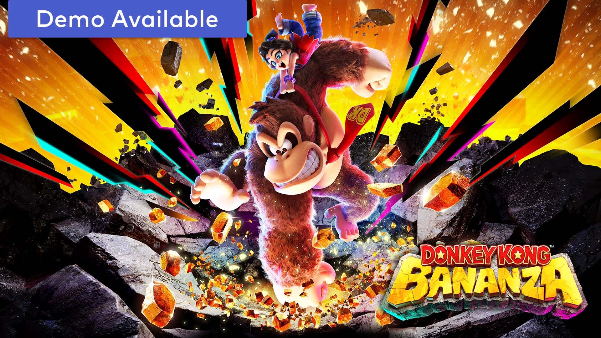 Donkey Kong™ Bananza promotional image featuring Donkey Kong and Pauline in a vibrant, explosive underground adventure.
