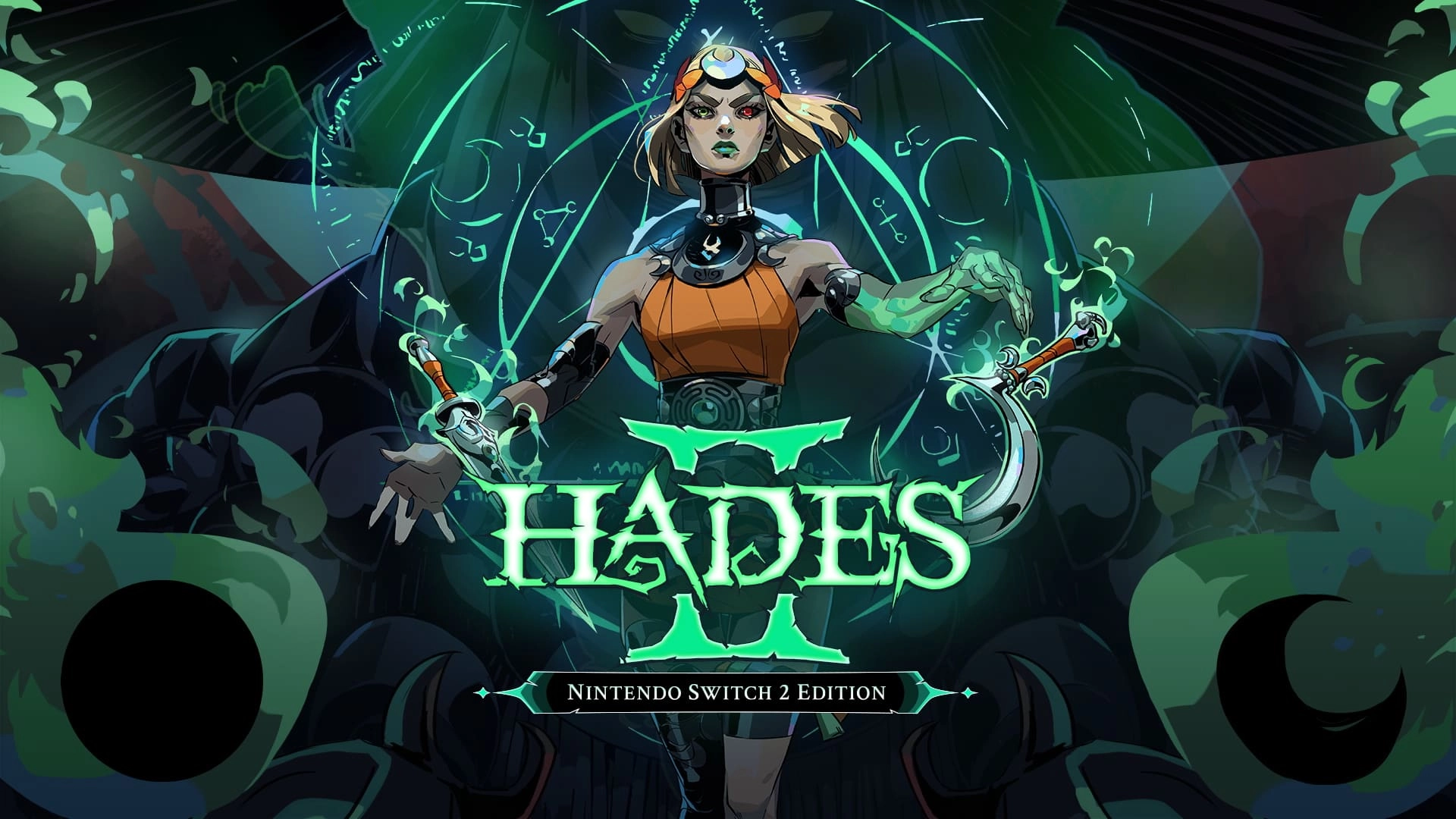 Hades II cover art featuring the main character wielding weapons with vibrant green graphics celebrating its Game Awards win.