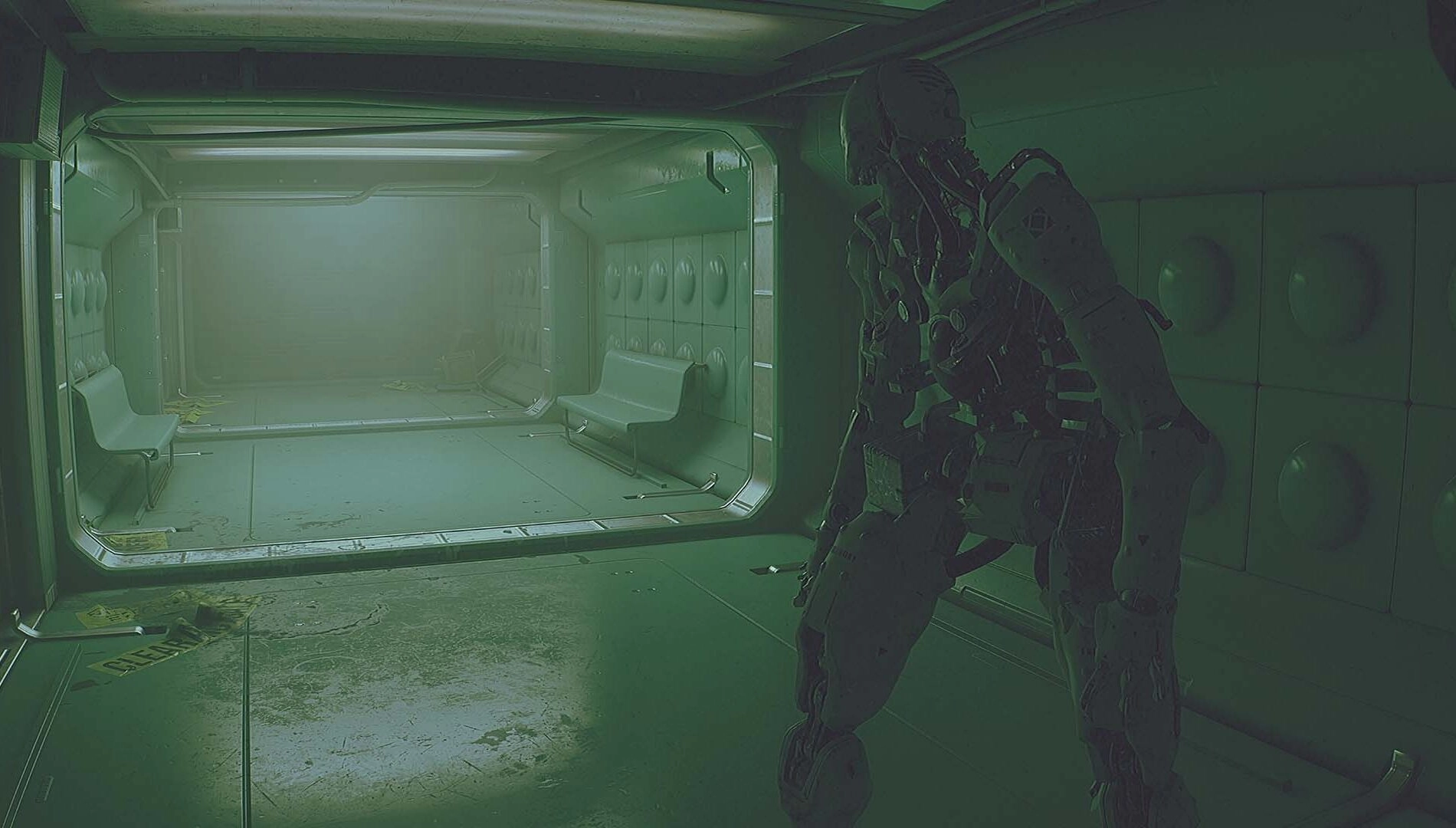 A dark, abandoned lunar base interior featuring a humanoid robot, highlighting the immersive horror of Routine game.