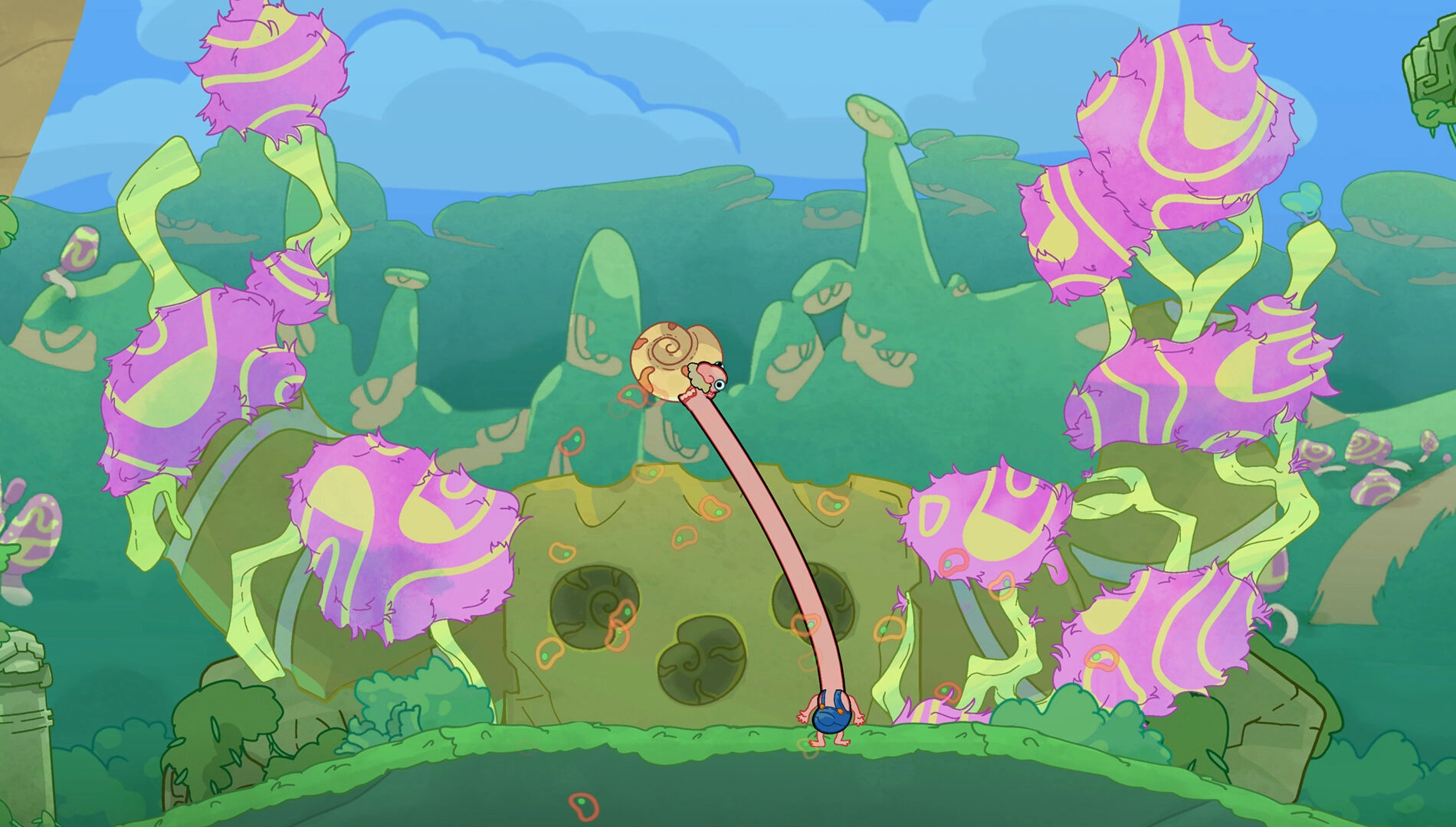 Colorful whimsical scene from Esophaguys v1.2: The Neckening Update, featuring a character with a long neck among vibrant ...
