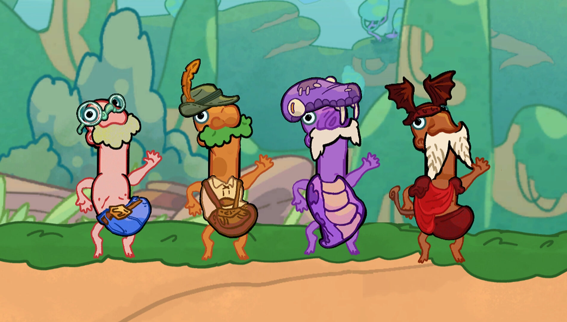 Four whimsical character designs from Esophaguys, showcasing unique styles and playful animations in a vibrant setting.