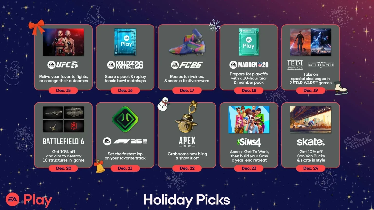 EA Play sets Dec 15-24 spotlight: sports, shooters and sims