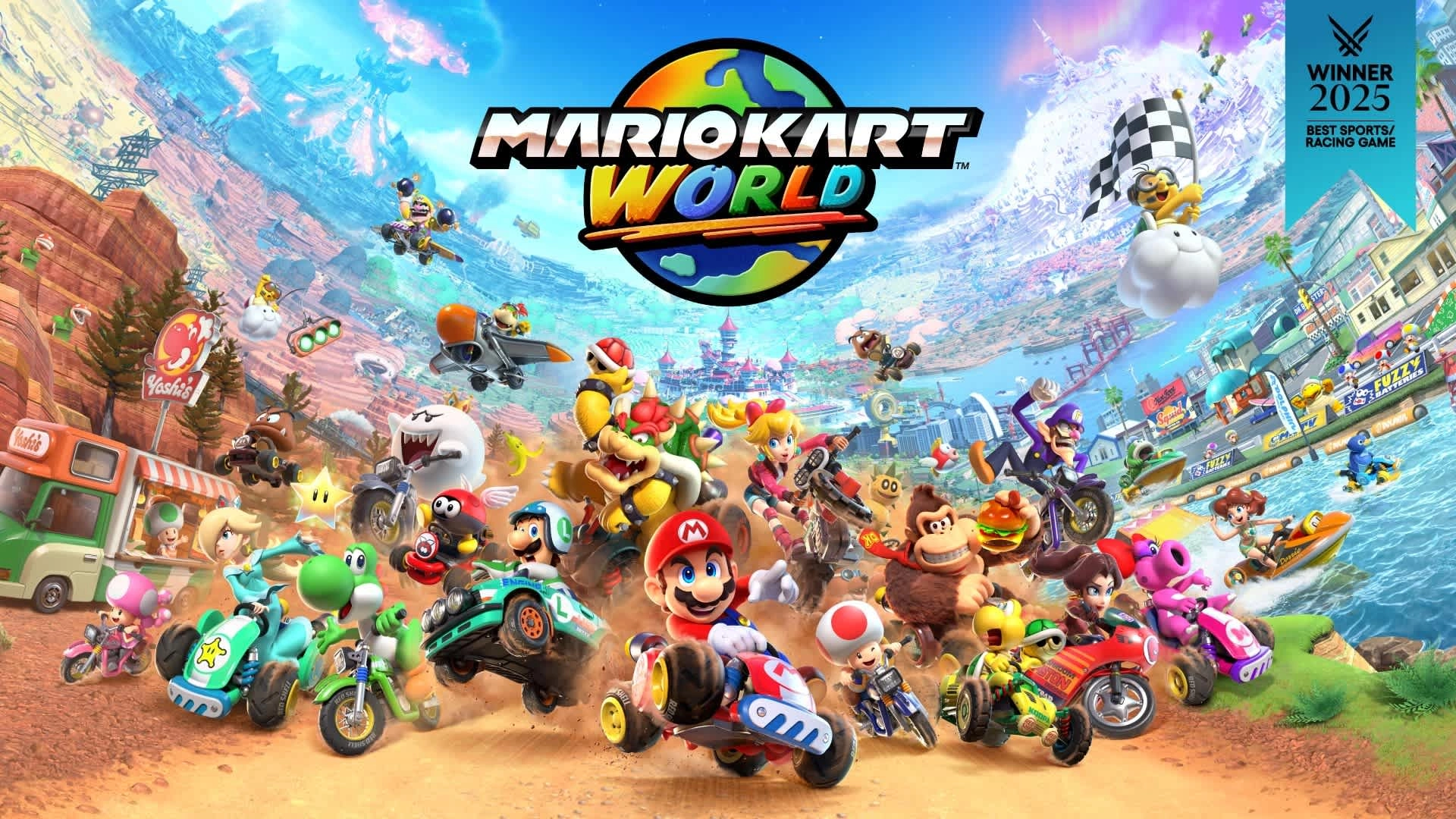 Official artwork for Mario Kart World featuring iconic characters racing, highlighting vibrant gameplay and diverse tracks.
