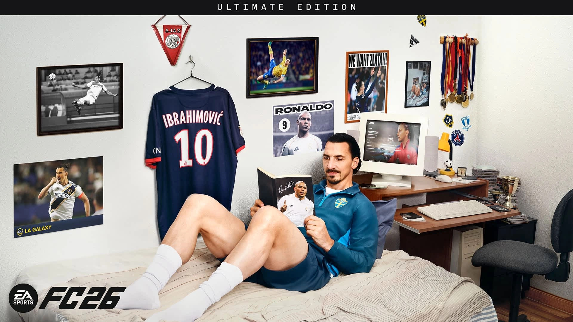 EA SPORTS FC™ 26 featuring Zlatan Ibrahimović in his room, highlighting game features and sports memorabilia for fans.