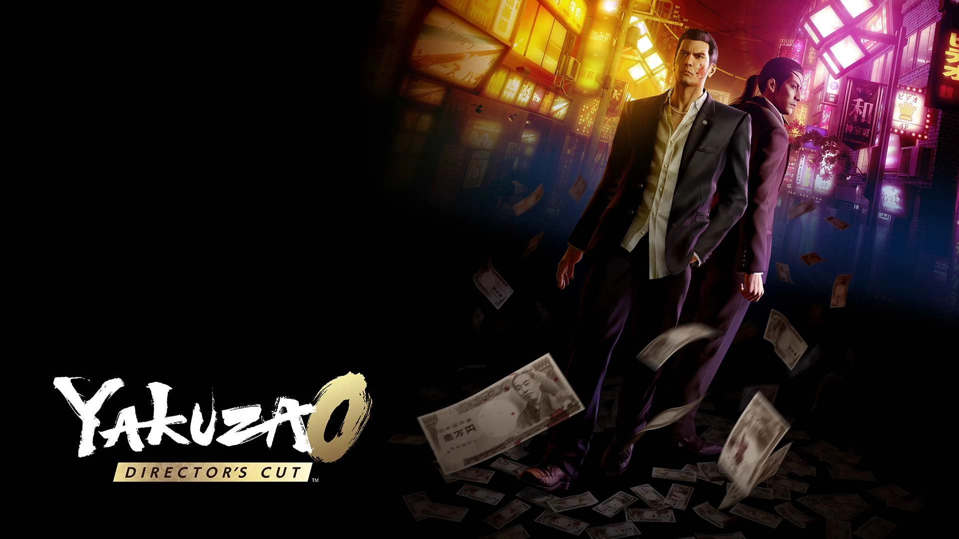 Two characters from Yakuza 0 in suits, surrounded by falling money, set against a vibrant, neon-lit city backdrop.