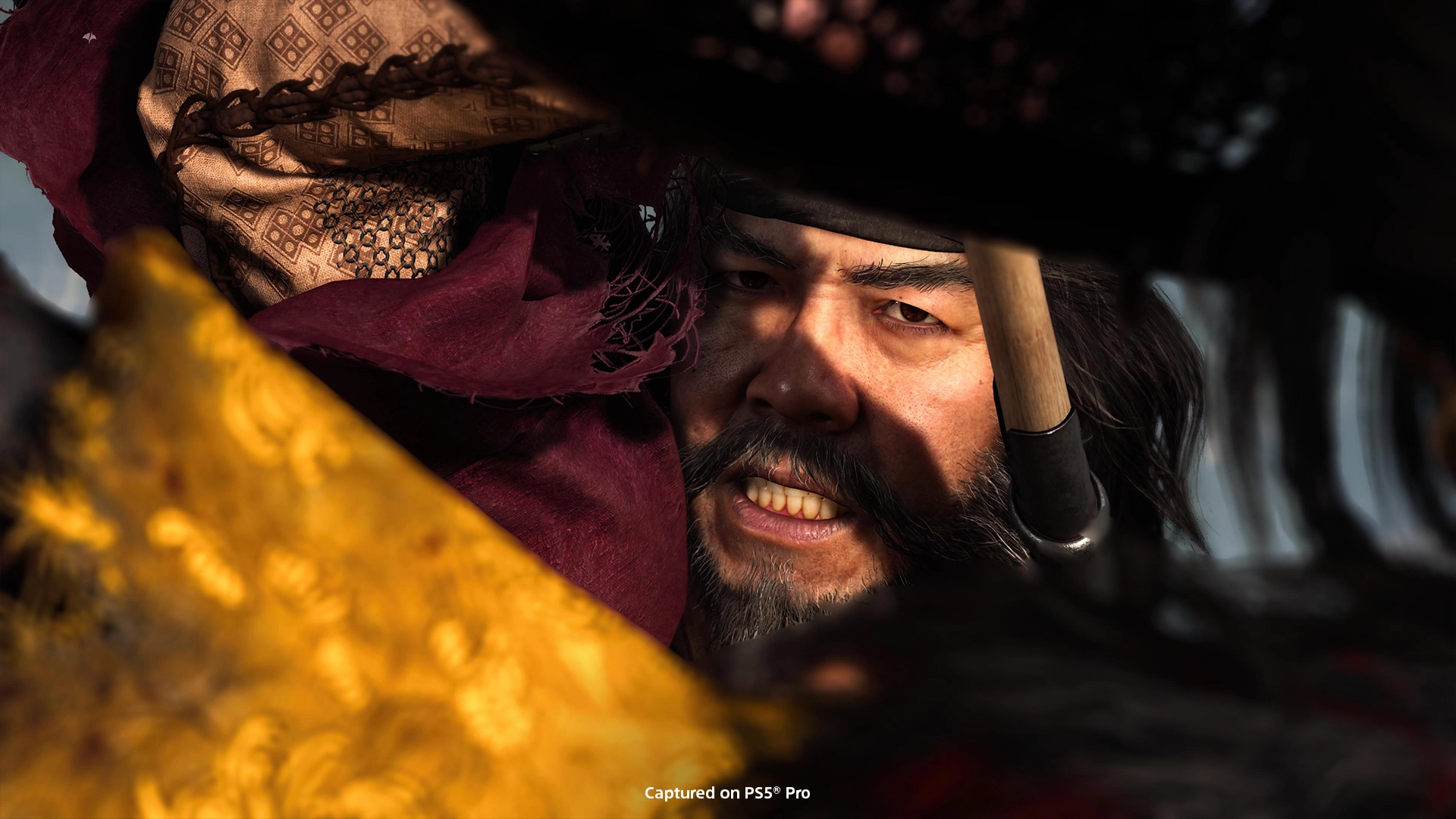 Intense close-up of a warrior in Ghost of Yōtei, showcasing the dramatic tension of the final duel with Lord Saito.