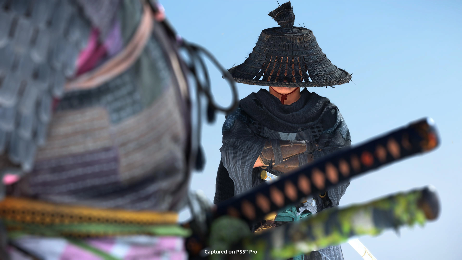 A tense duel scene in Ghost of Yōtei, showcasing the intricate character design and samurai culture.