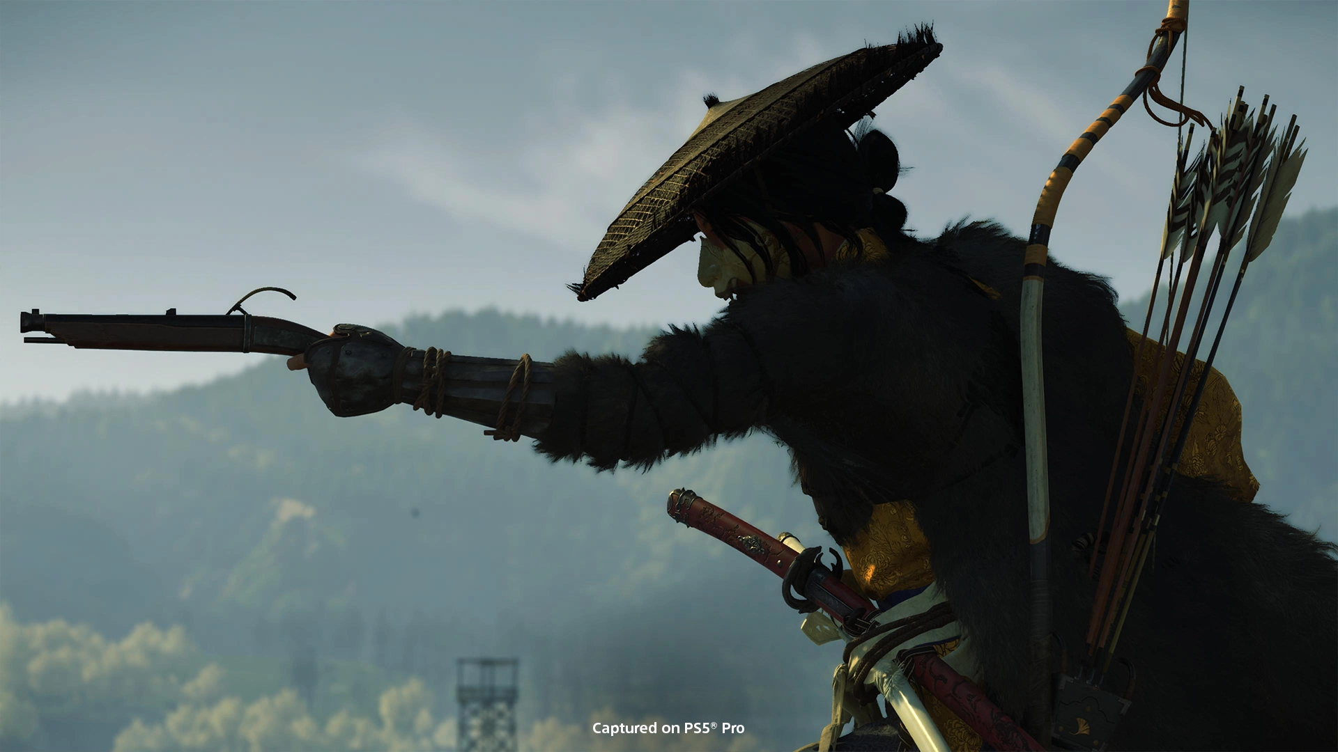 A warrior character in Ghost of Yōtei draws a bow against a dramatic mountainous backdrop, embodying epic gameplay moments.