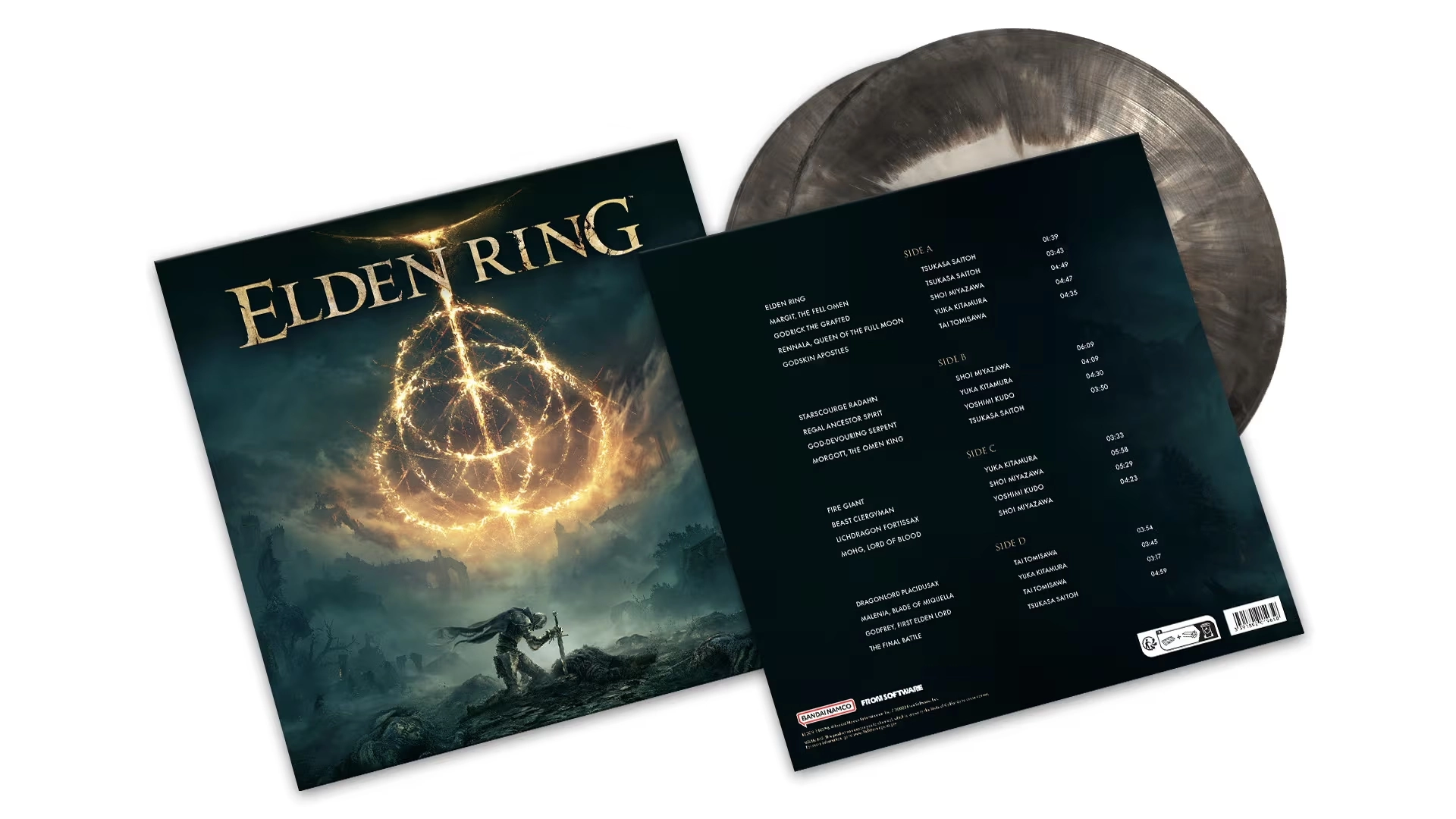 Official Elden Ring vinyl record cover, perfect gift for gamers who cherish immersive worlds and characters.