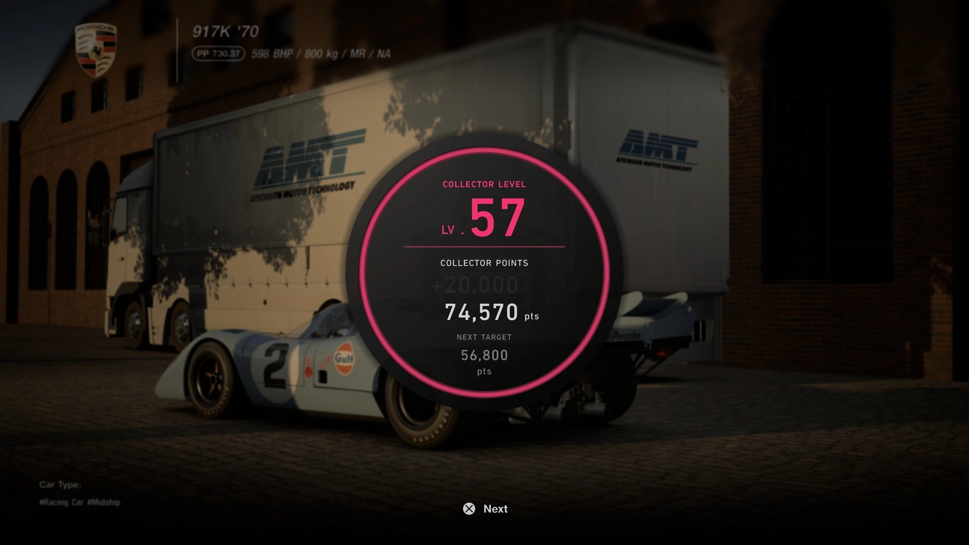 Collector level 57 displayed in Gran Turismo 7, showcasing an impressive racing car and progress stats.