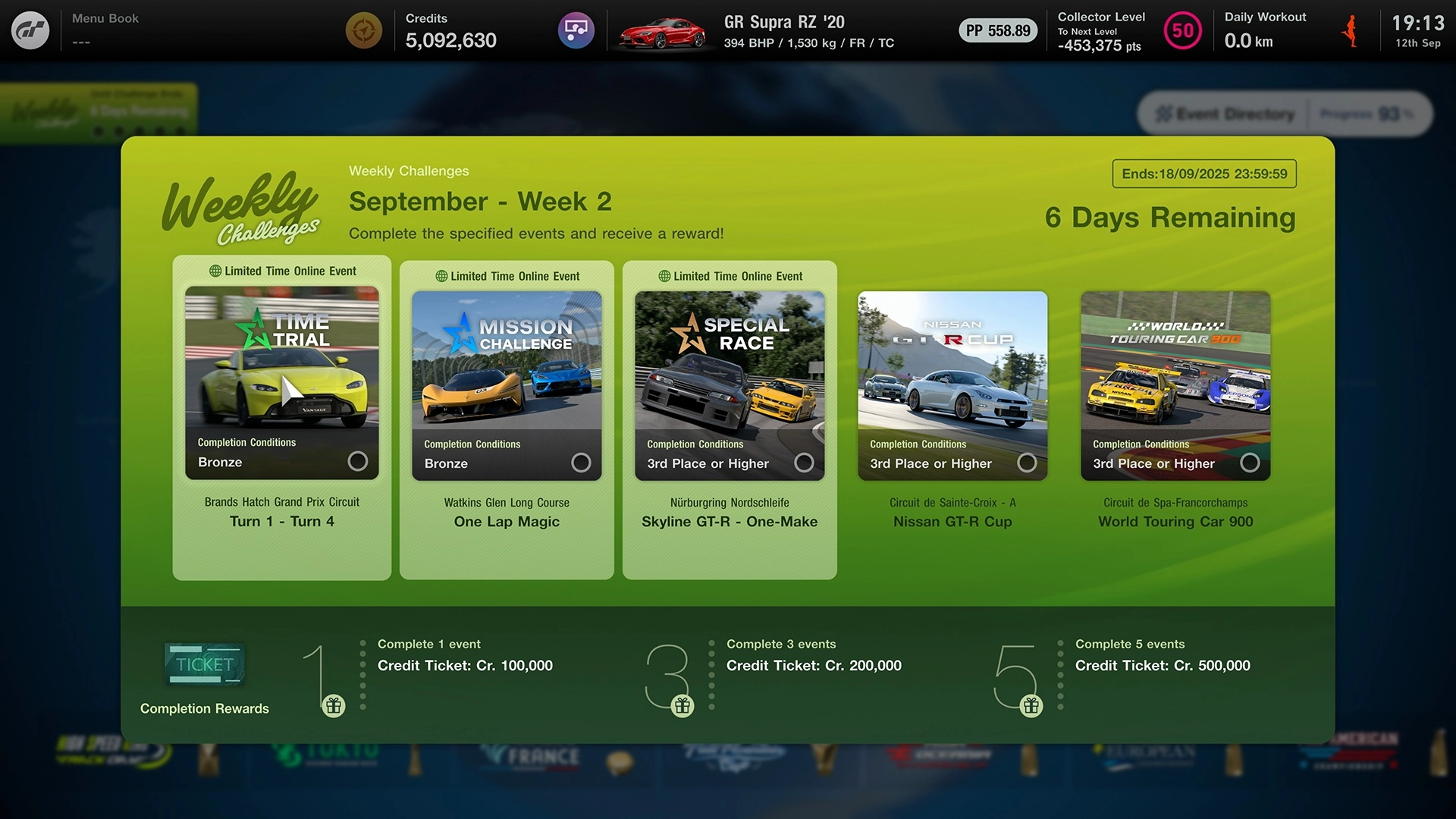 Weekly challenges in Gran Turismo 7, featuring events like Time Trial and Special Race, with rewards and deadlines.