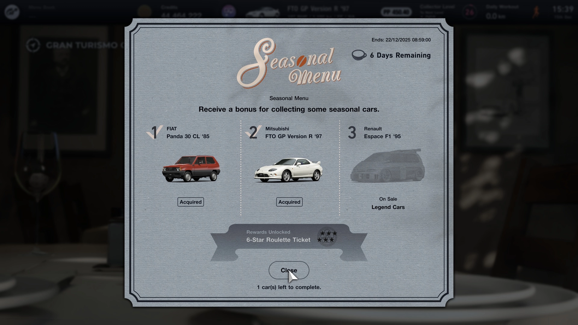 Alt text: "Gran Turismo 7 Seasonal Menu showcasing vehicles and rewards, featuring FIAT Panda 30 CL and Mitsubishi FTO.