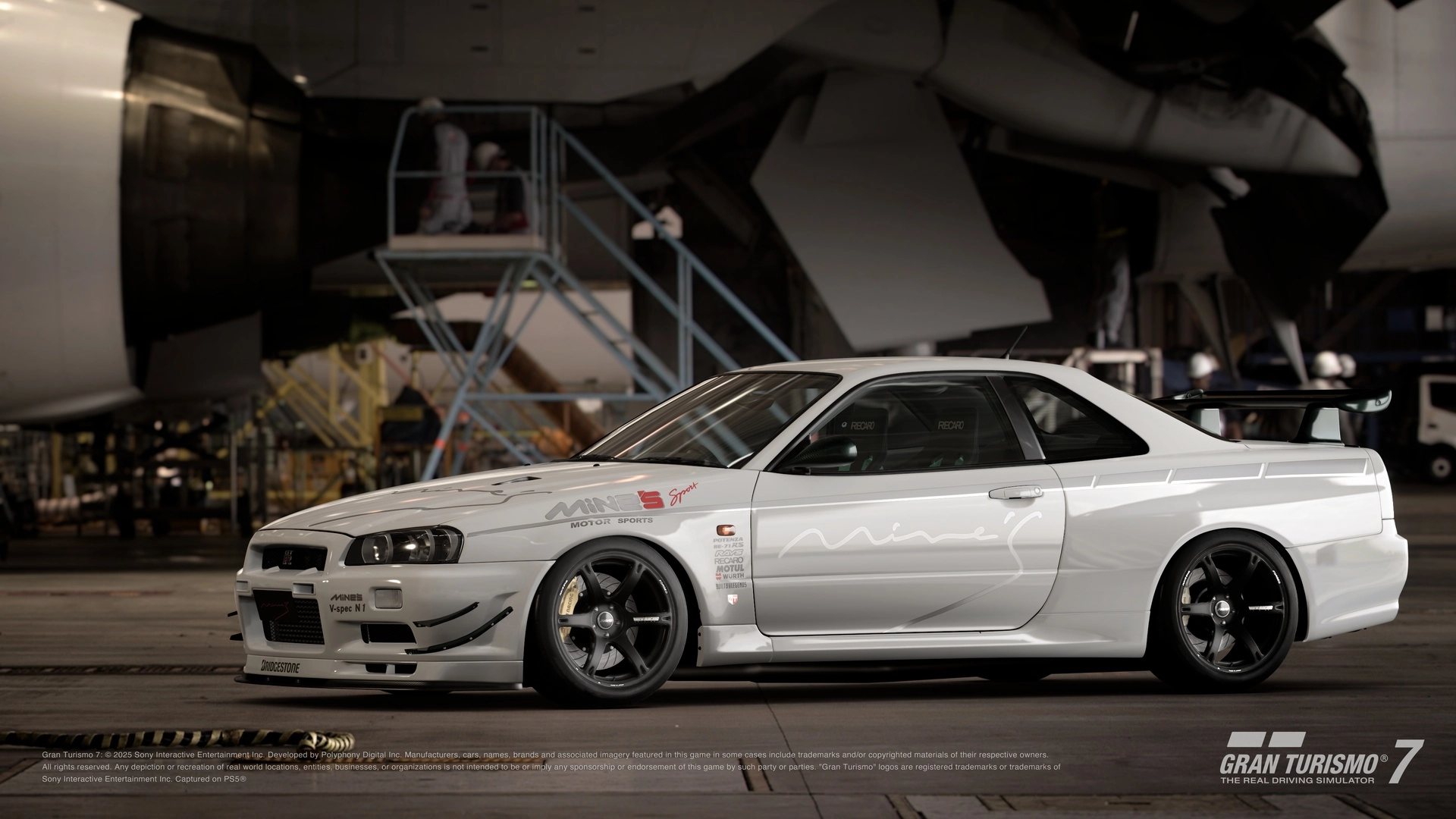 White Nissan Skyline GT-R R34 showcased in a detailed setting, representing performance and racing culture in Gran Turismo 7.