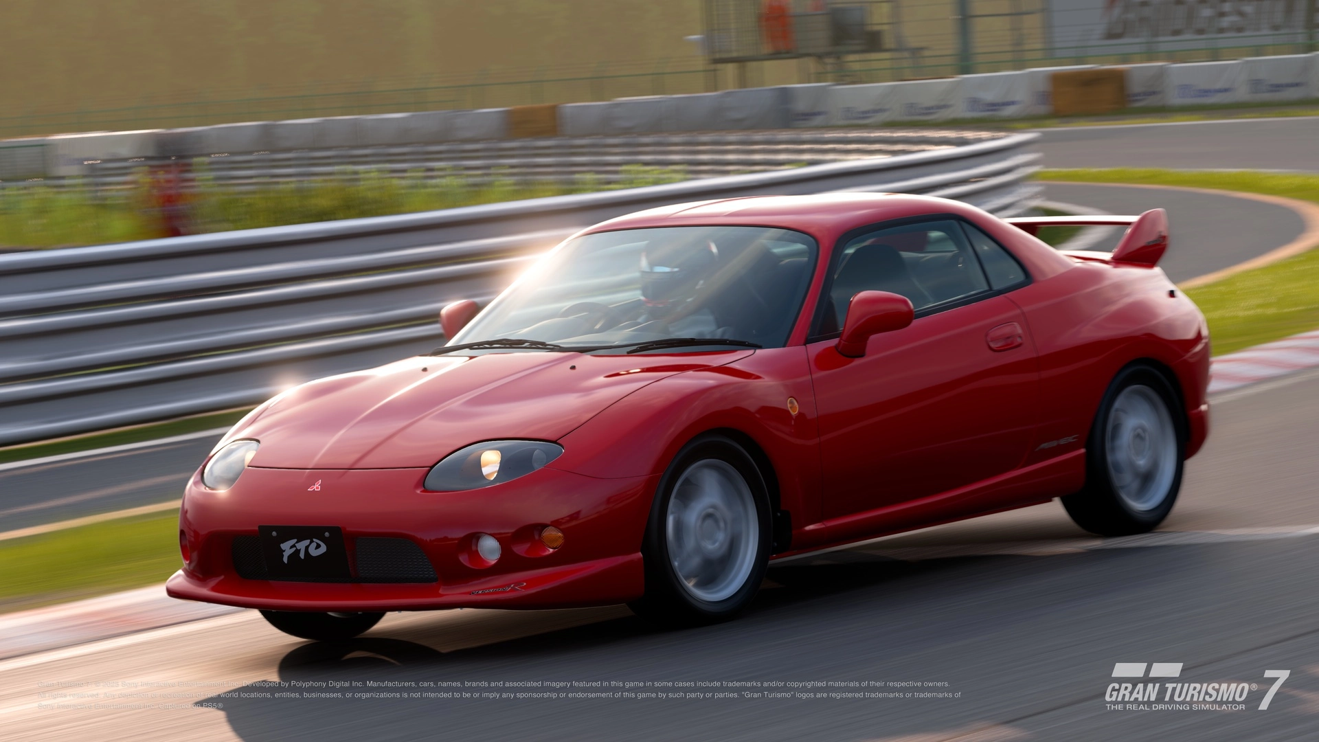 Mitsubishi FTO racing on a track in Gran Turismo 7, showcasing dynamic performance and automotive excitement.