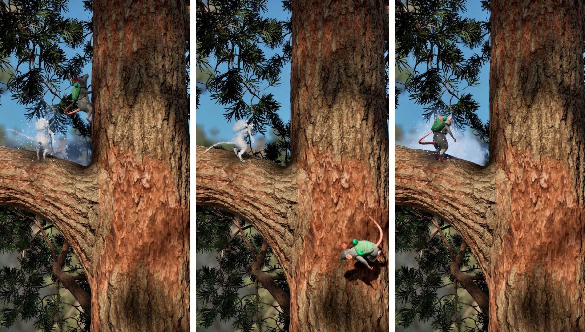 Cozy adventure game Hela, featuring a mouse navigating a tree, utilizing teamwork and puzzle-solving in a magical world.