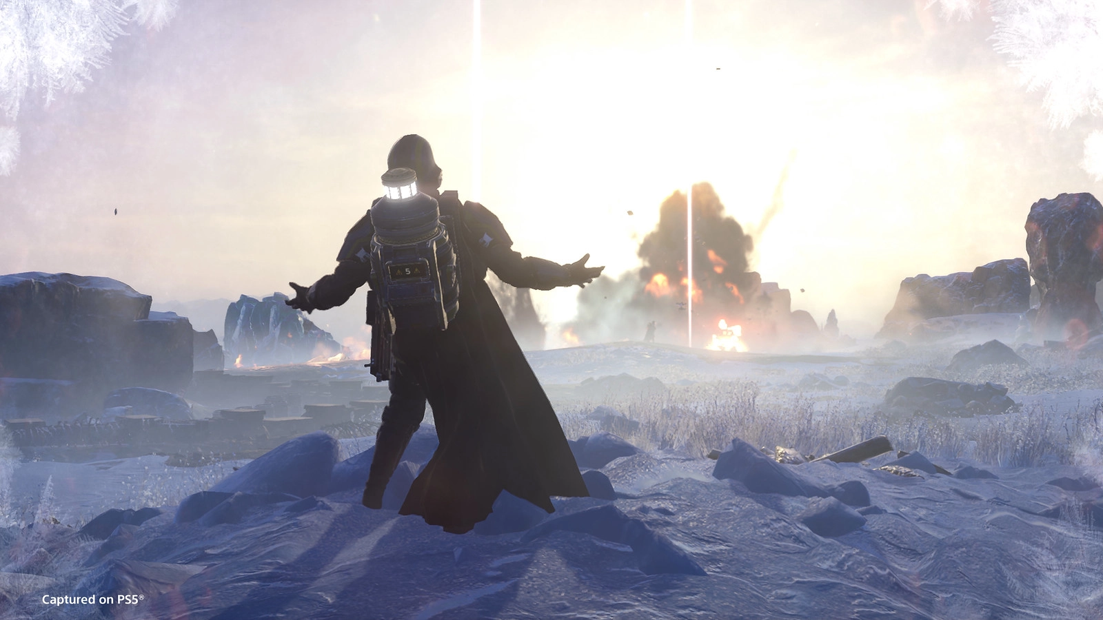 Helldivers celebrate the Festival of Reckoning as a soldier embraces peace amid explosive action in a winter landscape.