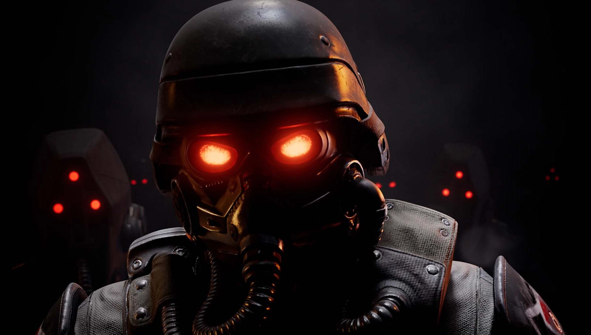 Close-up of a Helghast soldier, highlighting intense eyes and tactical gear, symbolizing the Helldivers 2 x Killzone colla...