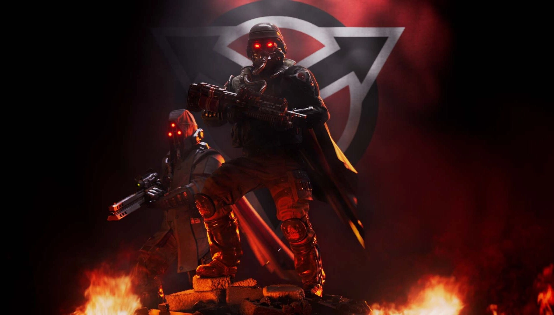 Epic Helldivers soldiers in dark armor, wielding advanced weaponry amidst fiery backdrop, representing the new Killzone cr...