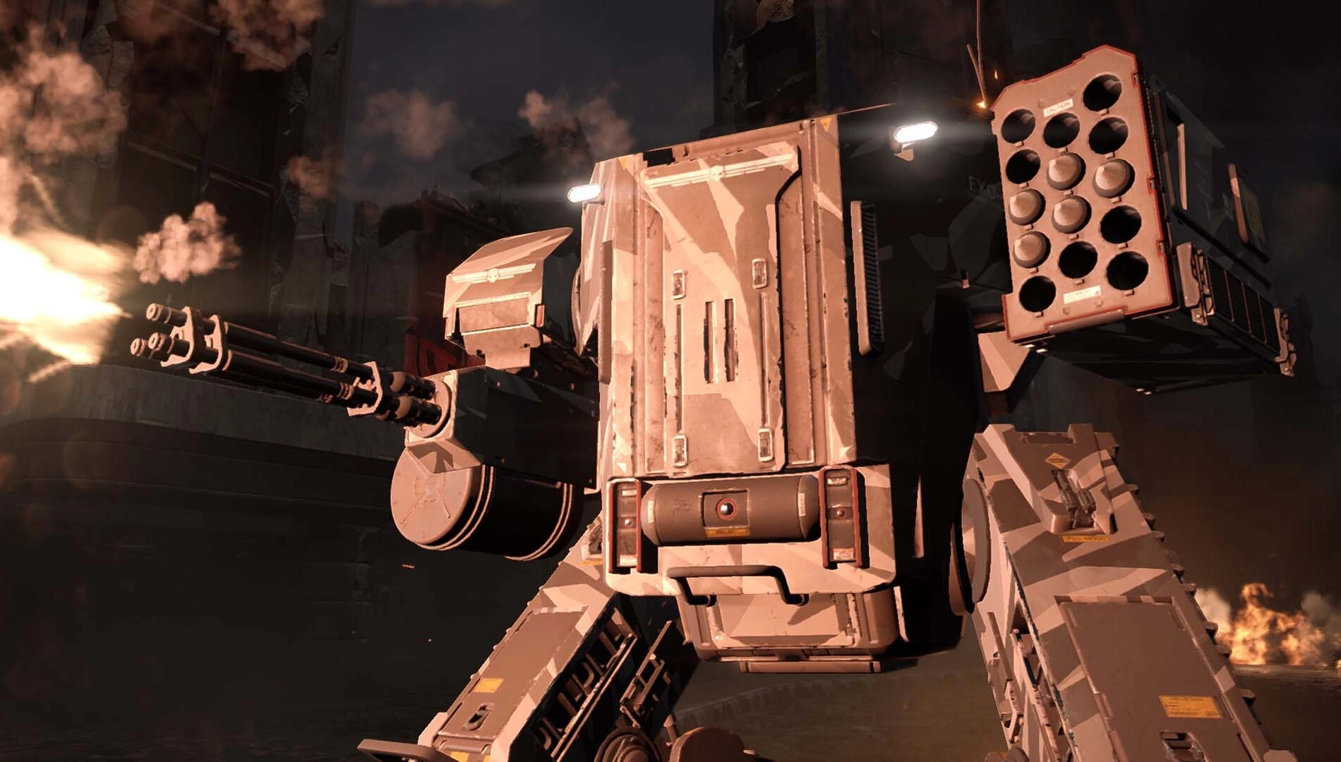 Powerful mech in action, showcasing advanced weaponry in Helldivers 2 x Killzone collaboration for Xbox Series X|S.