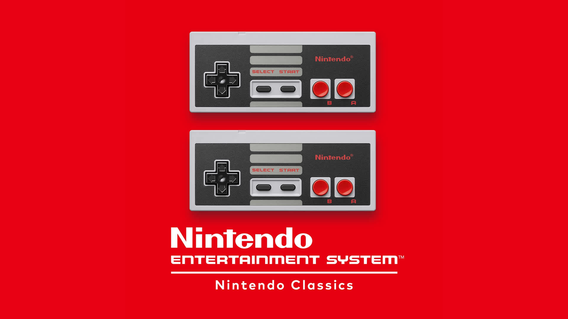 Classic NES controllers on a vibrant red background, highlighting Nintendo Classics for the Nintendo Switch Online service.