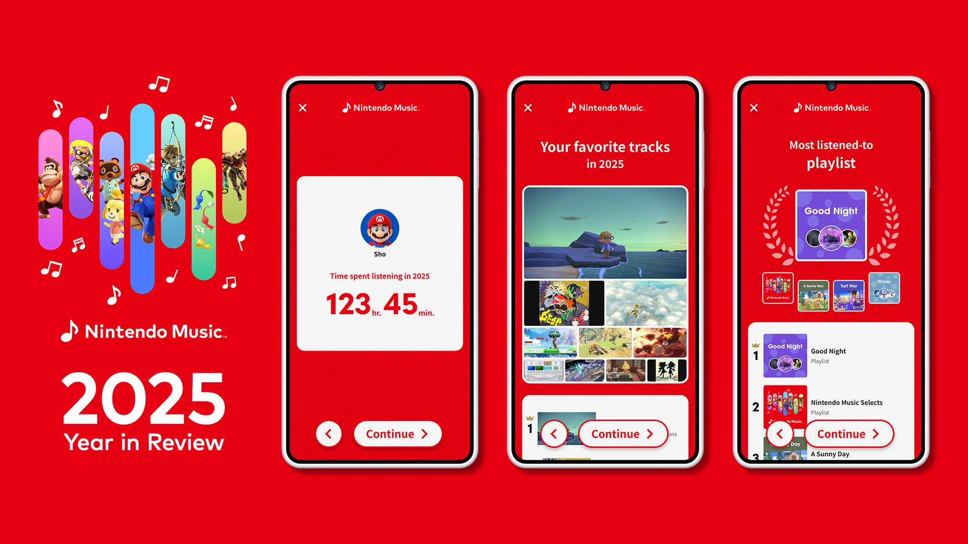 2025 Year in Review for Nintendo Music showcasing listening stats and favorite tracks on Nintendo Switch.