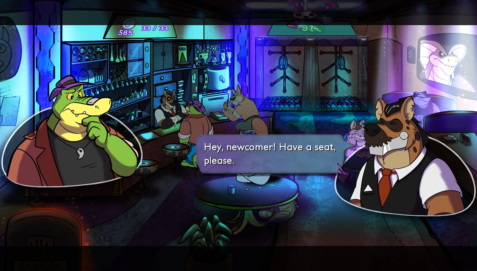 Brok the InvestiGator scene in a vibrant bar, showcasing colorful characters and an inviting atmosphere for new adventures.
