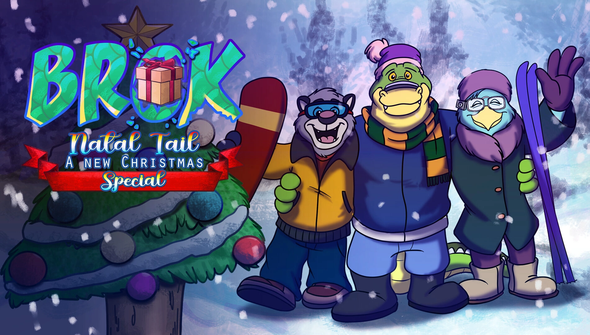 Brok: Natal Tail Christmas special features vibrant characters celebrating amidst a snowy backdrop and festive decorations.