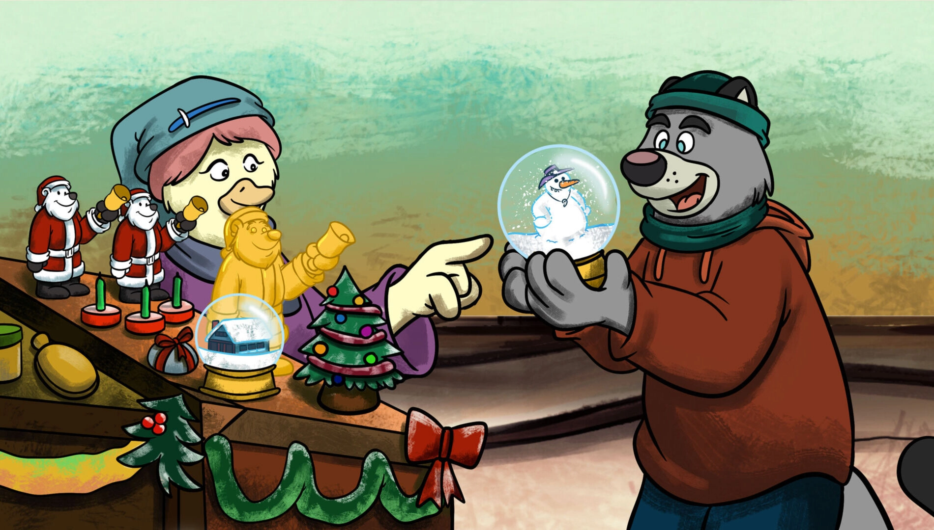 A festive scene featuring characters from Brok the InvestiGator, celebrating Christmas with snow globes and holiday decora...