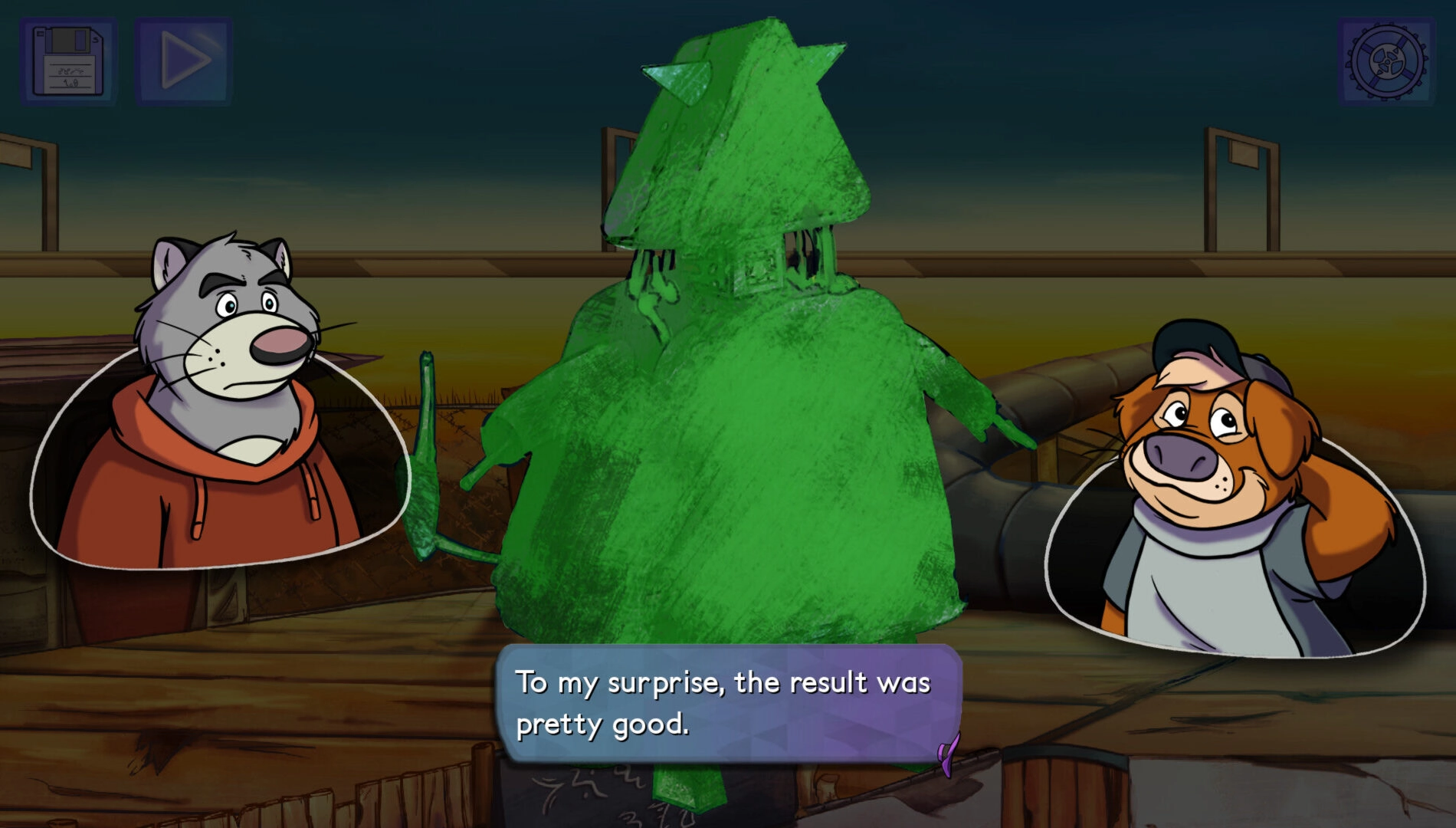 Two cartoon characters engage in conversation with a green festive character, highlighting Brok the InvestiGator