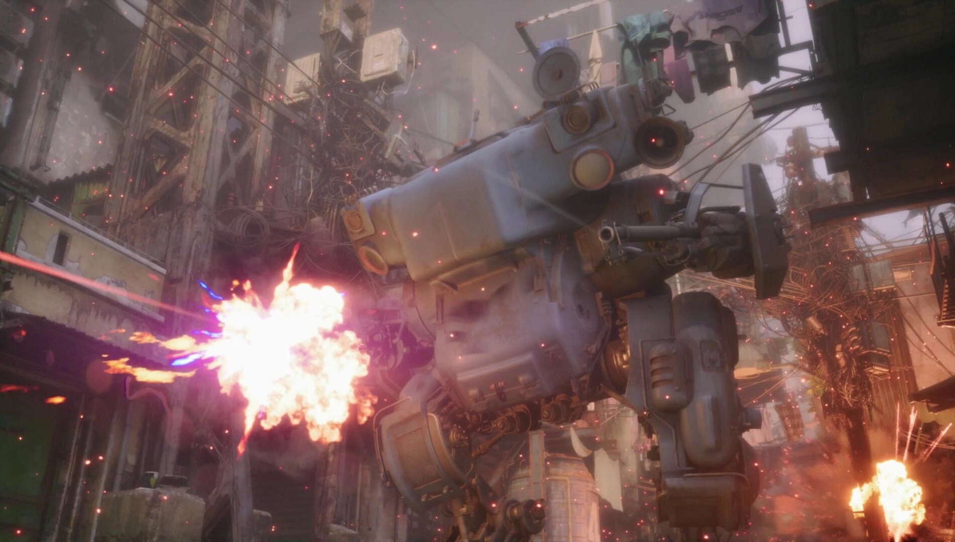 Futuristic mech firing in a chaotic cyberpunk cityscape, showcasing intense combat and vibrant urban detail in No Law.