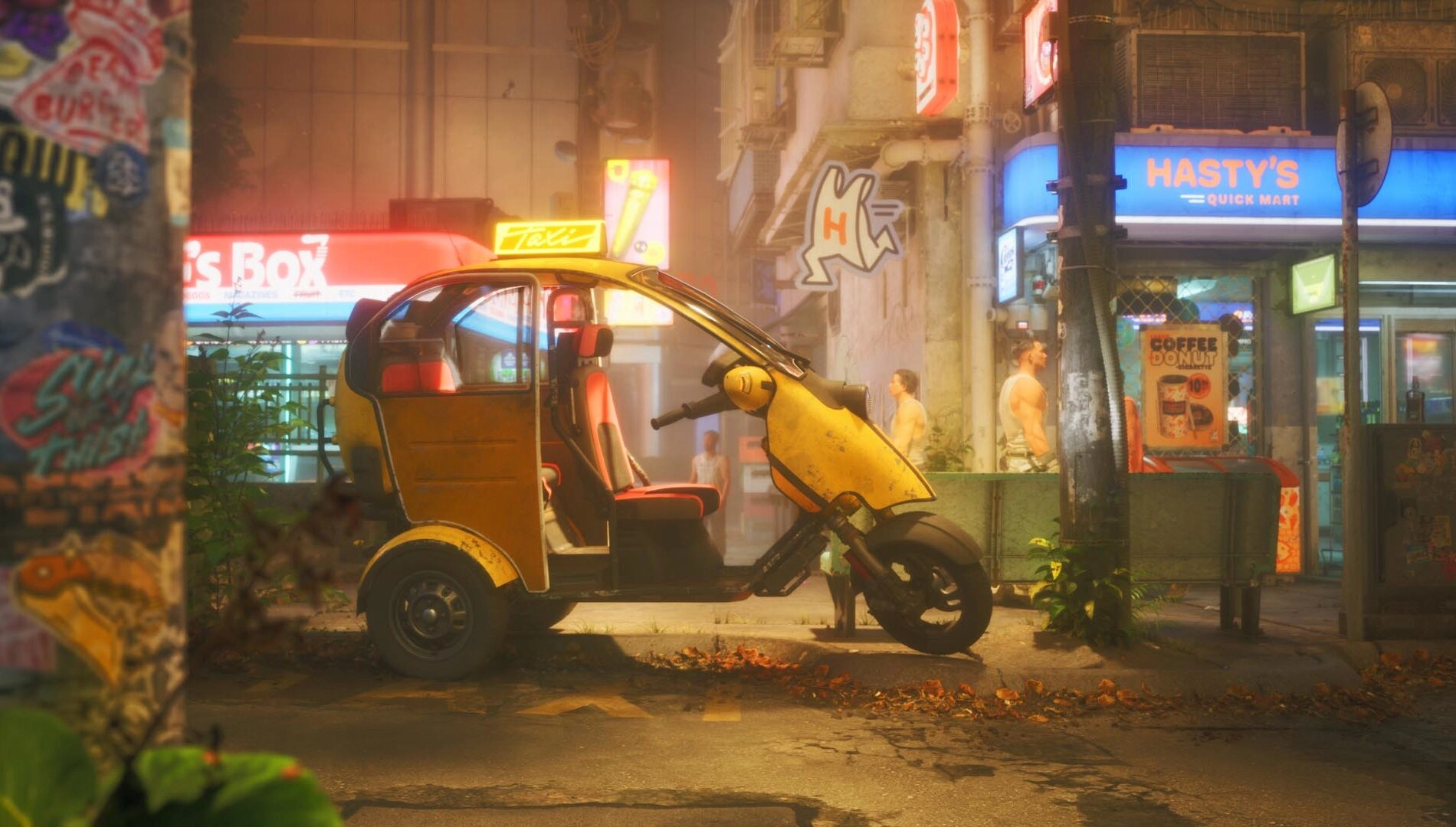 Cyberpunk city of Port Desire features a yellow three-wheeled vehicle amid neon lights and urban chaos in No Law game reveal.