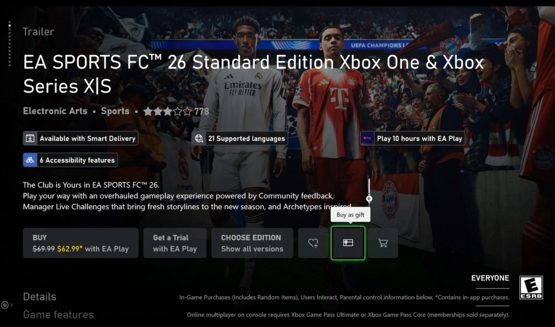 Screenshot of gifting EA SPORTS FC 26 on Xbox, showcasing the gift option button in the Microsoft Store interface.