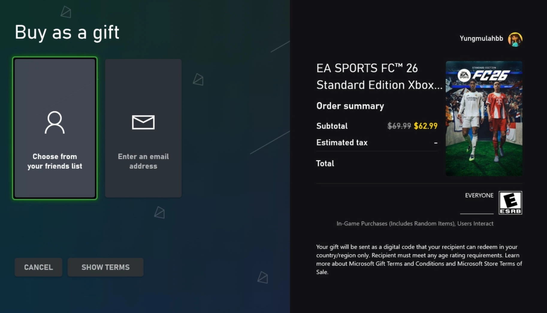 Screen showing EA SPORTS FC 26 gift option in Microsoft Store for Xbox, perfect for holiday gifting.