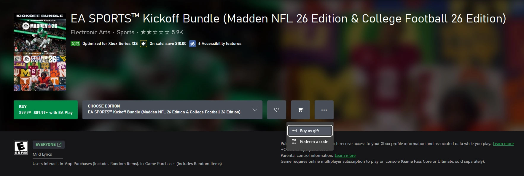 Digital game gifting on Xbox: EA SPORTS Kickoff Bundle with