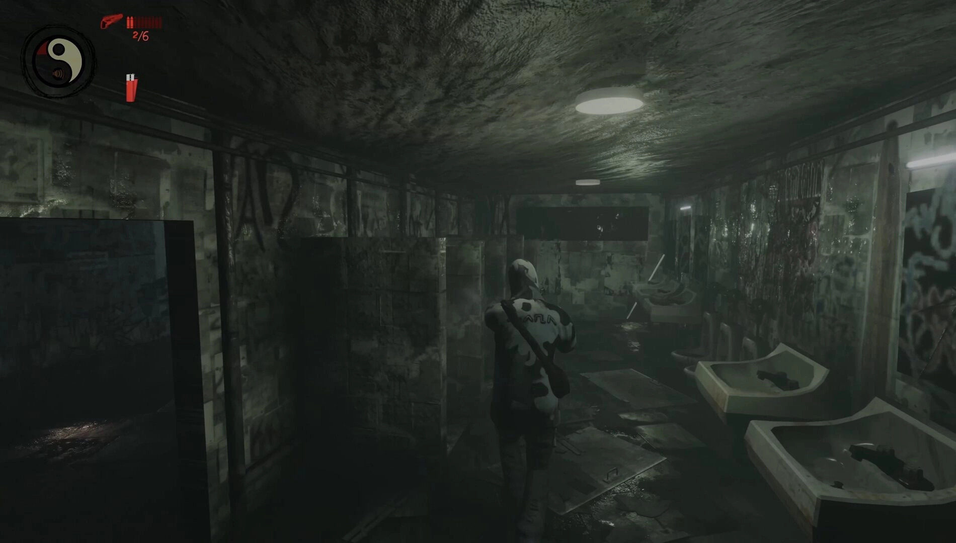 A tense survival horror scene in a dimly lit, gritty corridor, capturing the essence of exploration and emotional storytel...