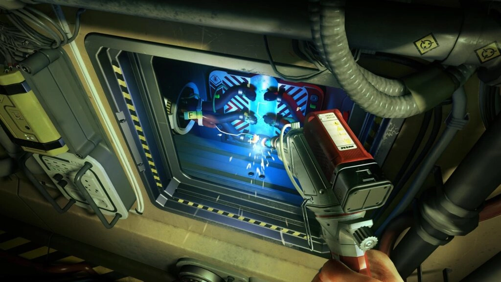 Gameplay scene from Ontos, showcasing a character exploring a mysterious moon hotel with advanced technology and vibrant v...