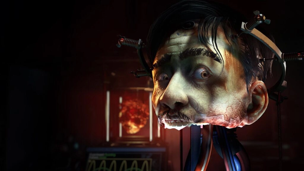 A chilling scene from Ontos, a sci-fi thriller featuring a grotesque alien head and high-tech equipment for exploration.