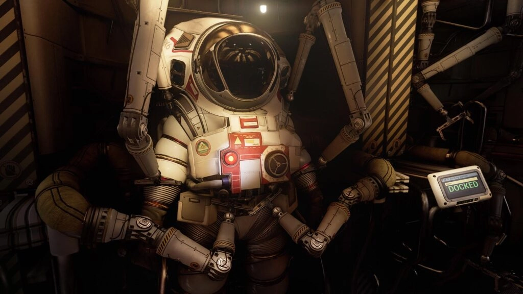 Astronaut suit in a futuristic moon hotel, representing the mysteries of Ontos, a sci-fi thriller for Xbox in 2026.