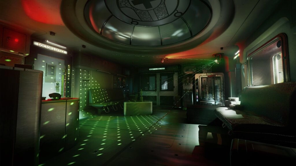 Explore the eerie, repurposed moon hotel in the sci-fi thriller Ontos, featuring atmospheric lighting and mysterious details.