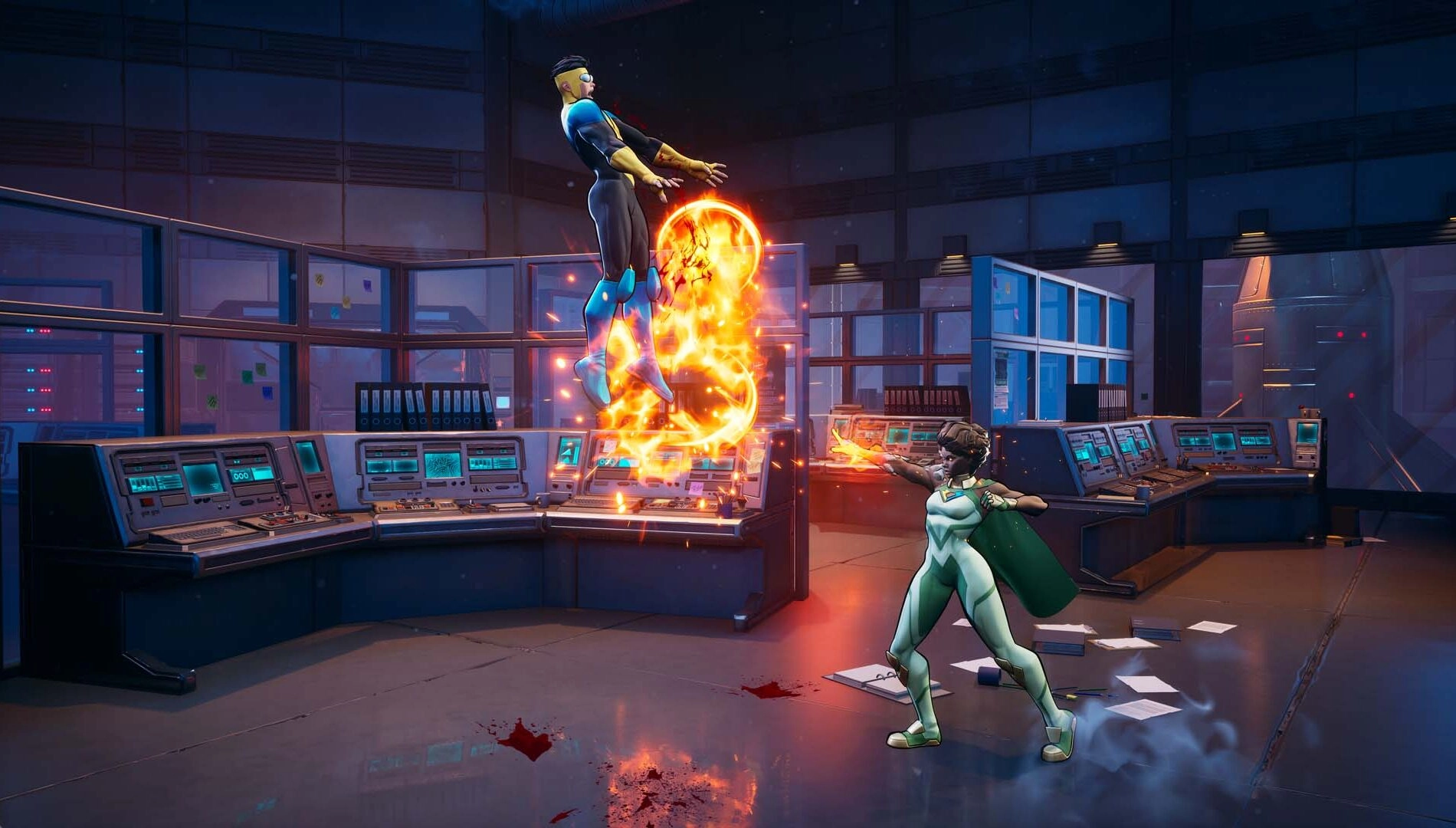 Ella Mental battles Invincible in a vibrant 3v3 fighter setting, showcasing her unique powers and dynamic gameplay.