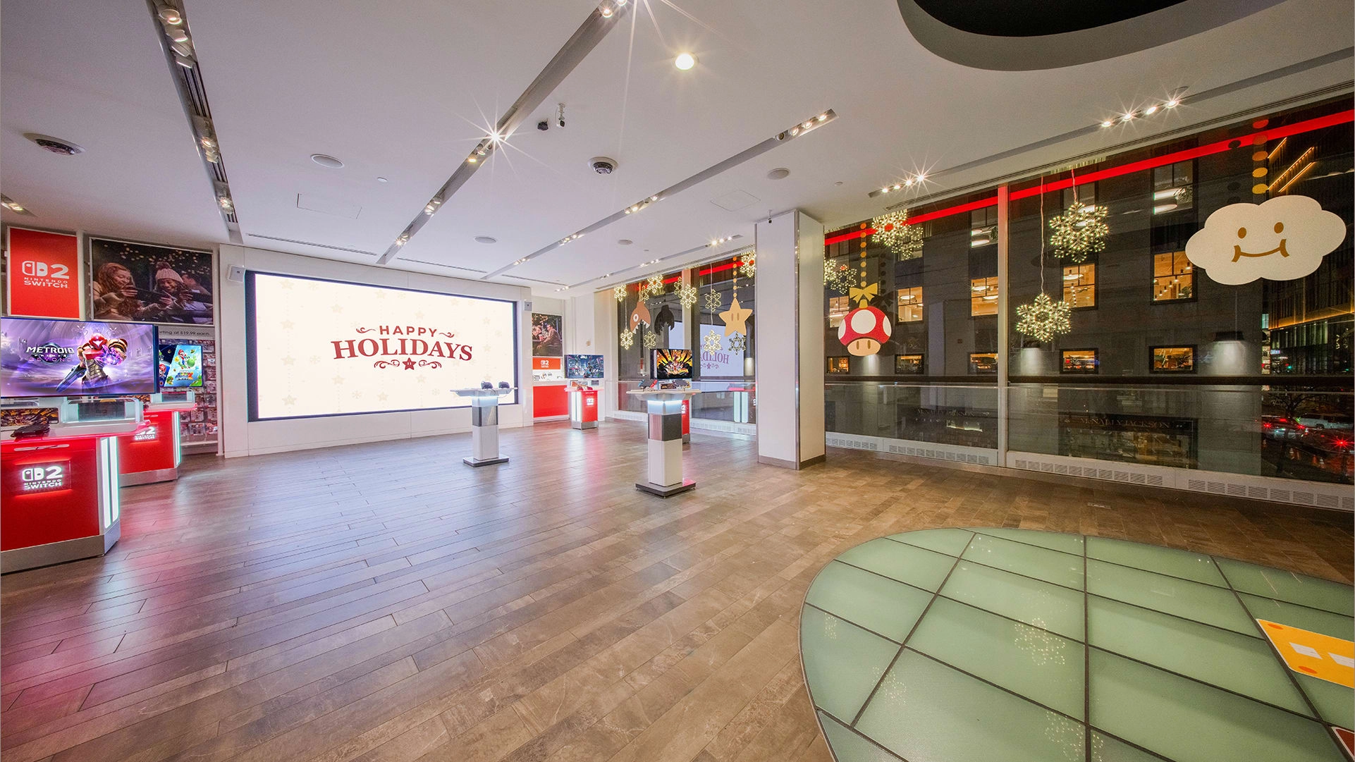 Festive Nintendo store display celebrating the holiday season with seasonal decor, merchandise, and joyful ambiance.