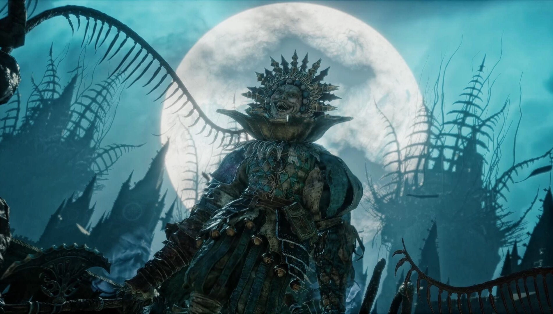 Intense gameplay reveal of Lords of the Fallen II, showcasing new bosses and dark fantasy elements under a full moon.