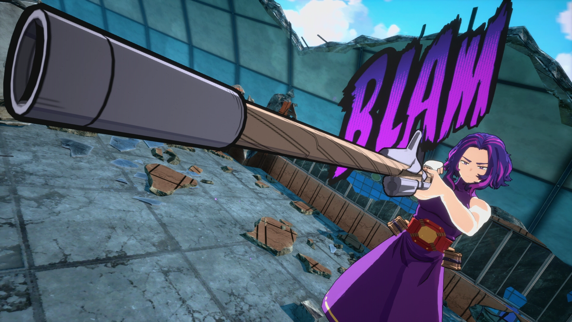 Lady Nagant, the new character in My Hero ULTRA RUMBLE, aiming her sniper rifle amidst a dynamic battle scene.