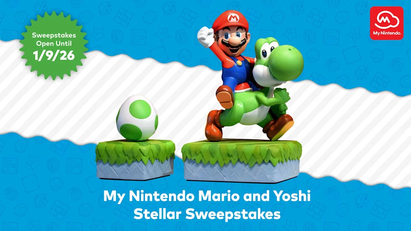 My Nintendo Mario and Yoshi Stellar Sweepstakes promo featuring a Mario and Yoshi statue. Enter to win exclusive rewards!