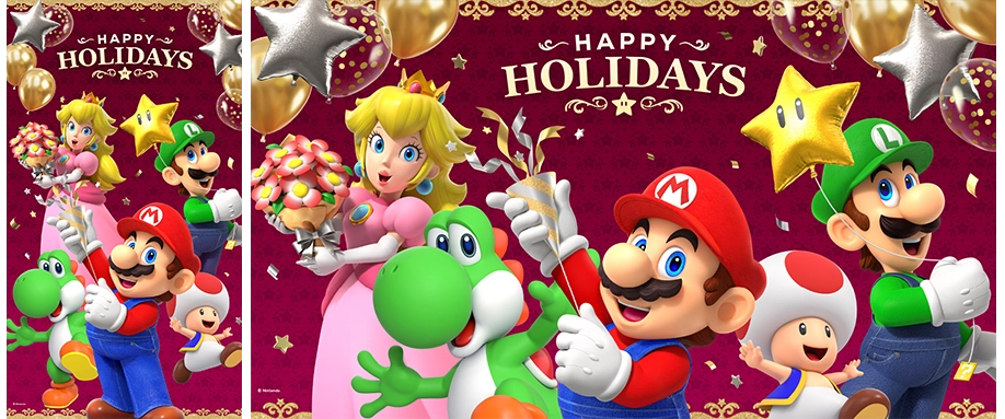 Happy Holidays with Mario, Luigi, Yoshi, and Princess Peach celebrating under festive decorations. Join the fun!